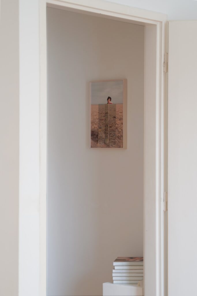 Durch die Tür fällt der Blick auf eine kleine gerahmte fotografische Arbeit, auf der die mongolische Steppenlandschaft abgebildet ist. im Vordergrund steht eine Installation aus großen rechteckigen Spiegel. Darüber schaut der Kopf eines mongolischen Mannes hoch.