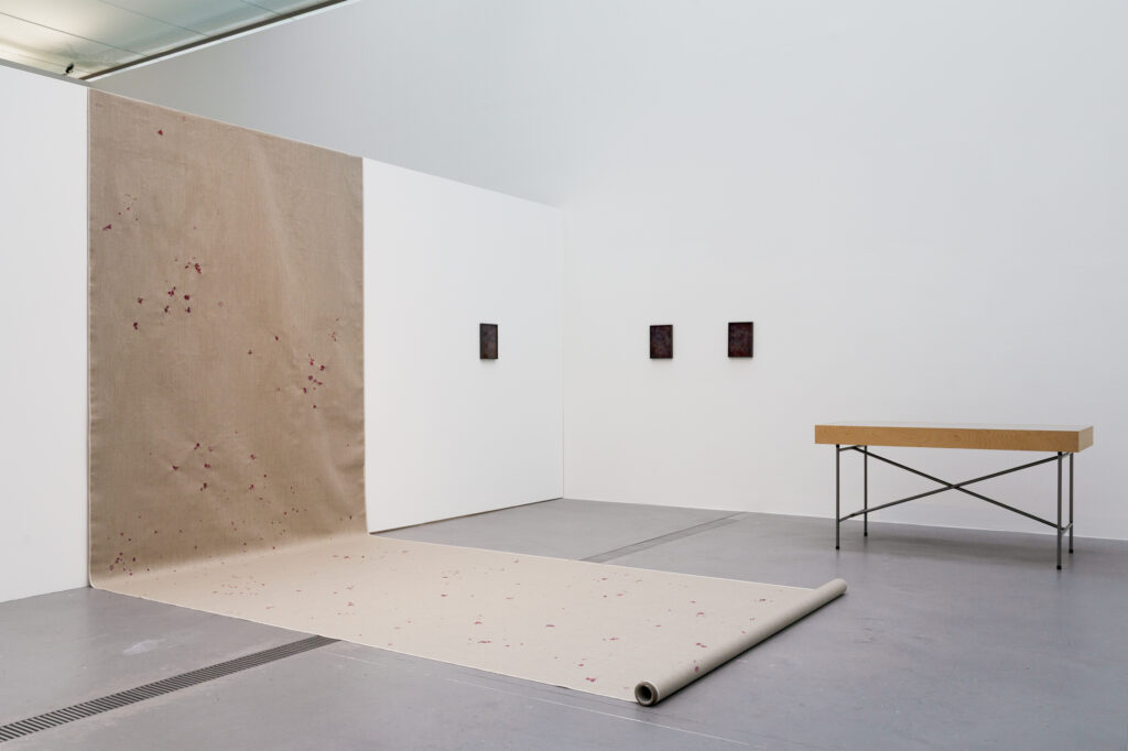 Ausstellungsansicht von der Arbeit "wie eine Geranie rot" im Lentos Kunstmuseum Linz. Eine Leinwand mit Abdrücken der Geranienblüten, drei gerahmte Bilder an der Wand, eine Vitrine mit Drohnen-Gedichten verfasst von KI