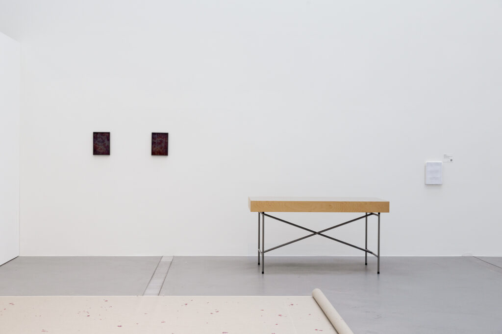 Ausstellungsansicht der Ausstellung "Vertical Horizon" im Lentos Kunstmuseum Linz, im Rahmen der Kyiv Biennale 2025. Zu sehen ist die Arbeit "wie eine Geranie rot" der aus der Ukraine stammenden bildenden Künstlerin Elena Kristofor.